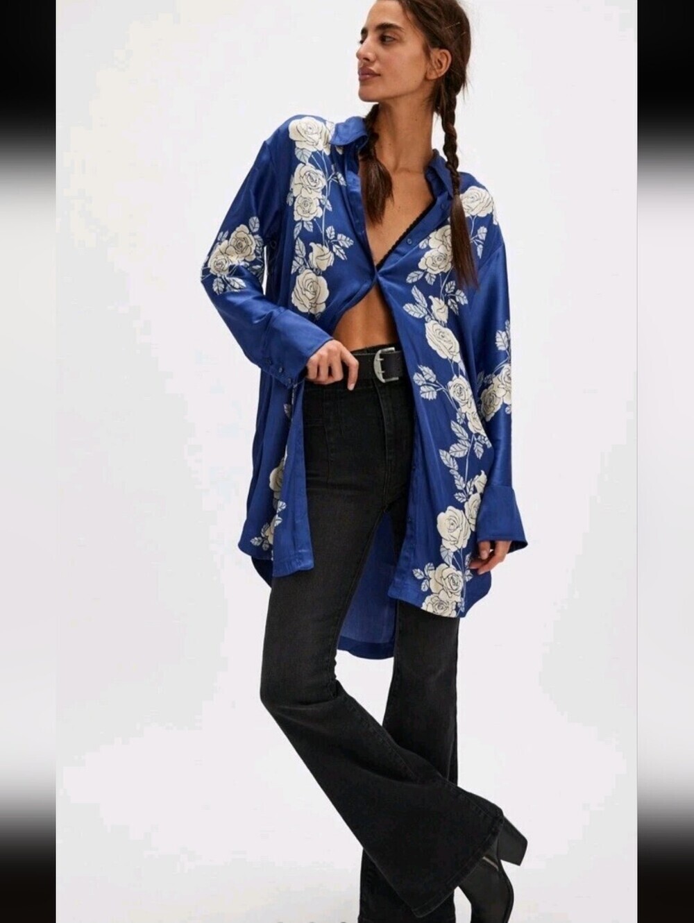Free People Off The Vine Blue Satin Button-Up Tunic with Cream Rose Print_XS